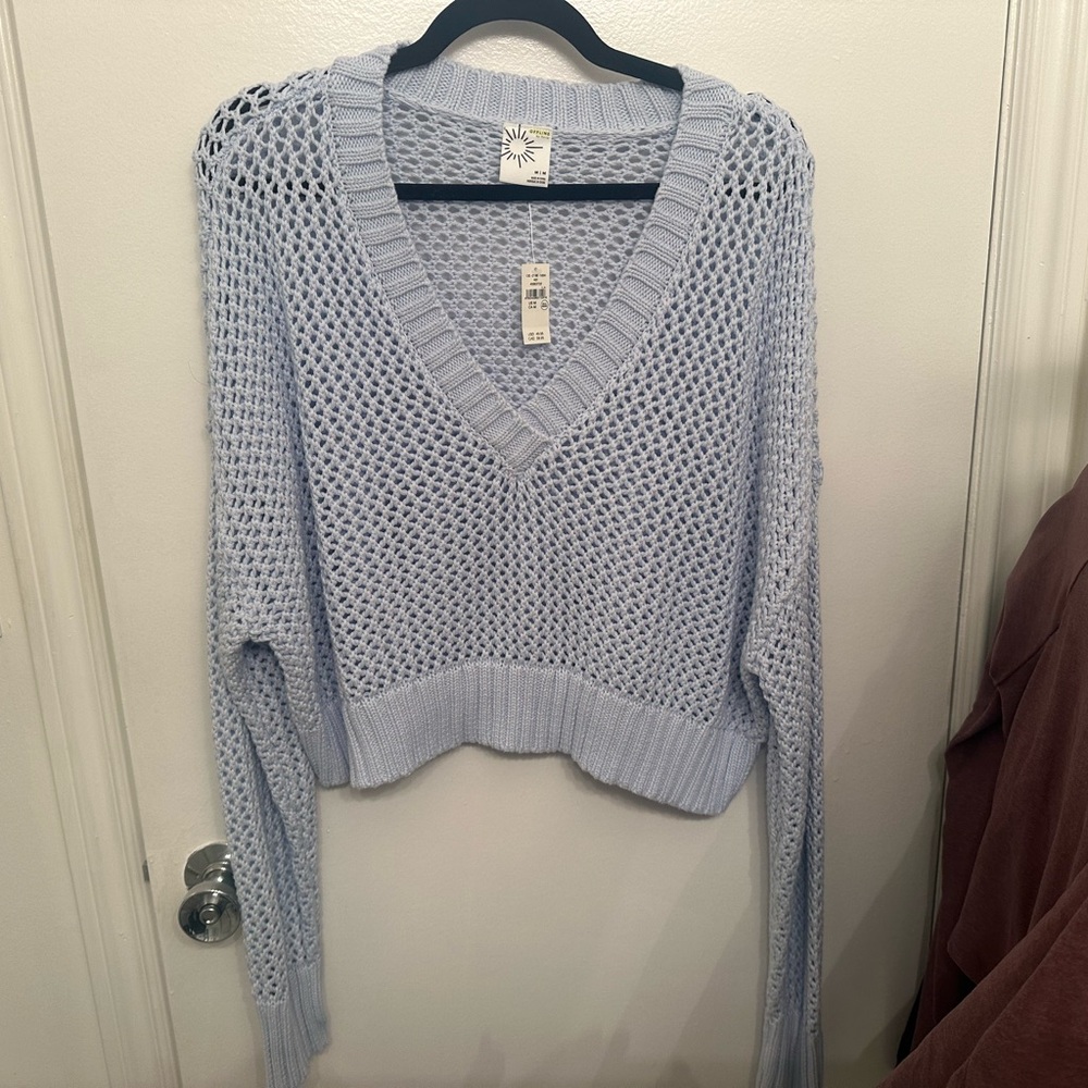**NWT** aerie crochet V neck sweater - M - Baby Blue
